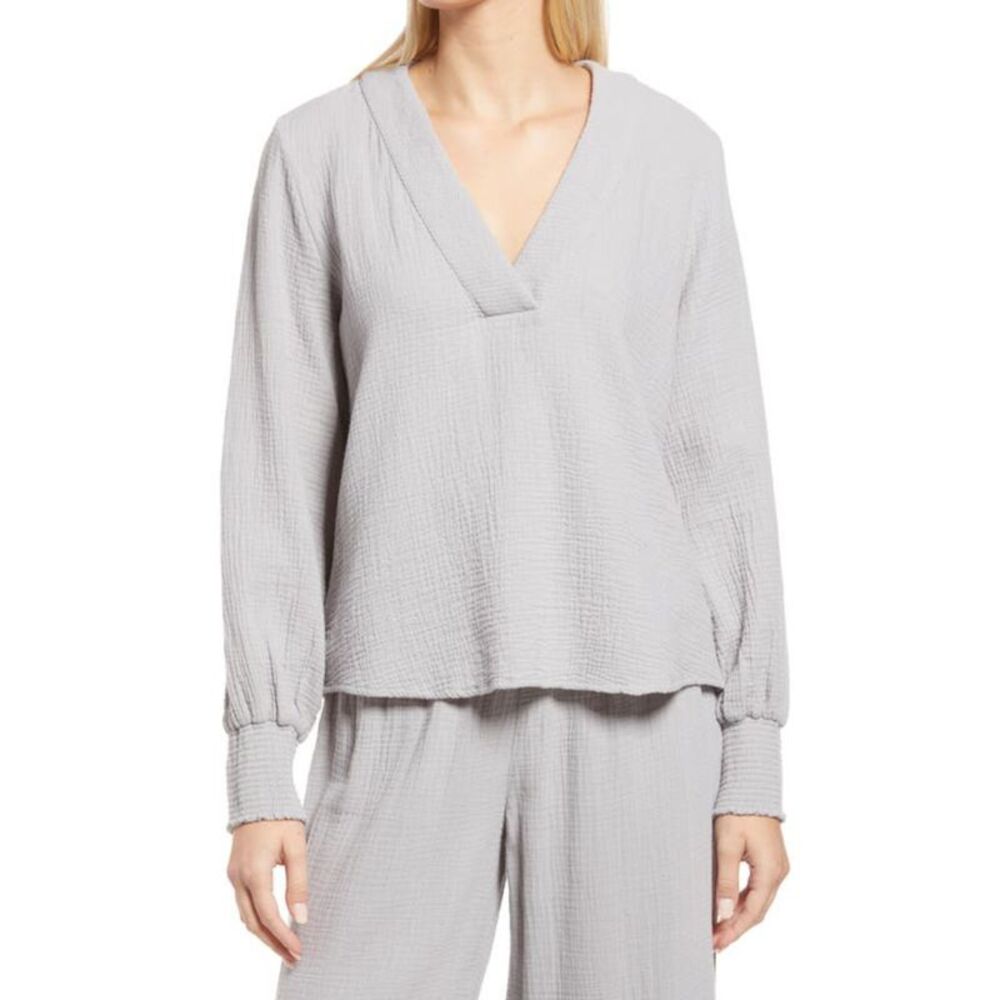 SUNDAYS Womens Gray Textured Smocked Cuffs Long Sleeve Split Top S